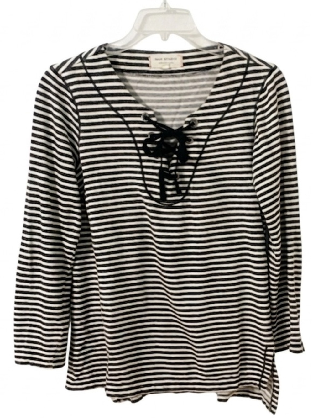 Max Studio Weekend Striped Lace Up Front Cotton Blend Jersey Knit Top 🩶🤍